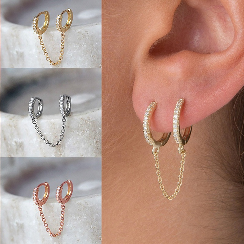 Hip Hop Chain Zirconium Double Hole Earrings